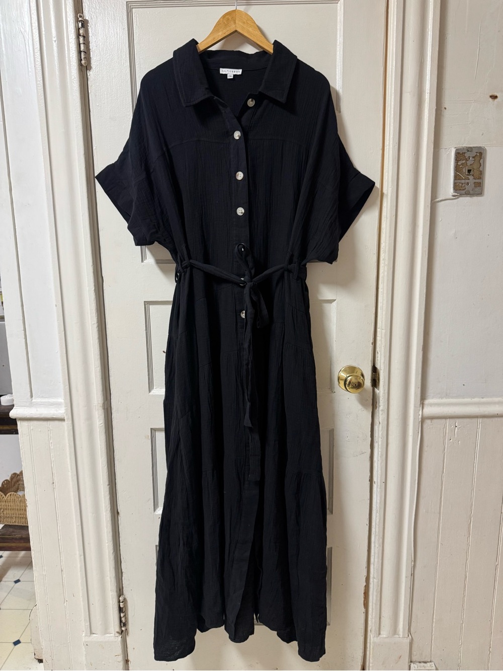Baltic Born Black Button-Front Maxi 100% Cotton Gauzy Dress with Tie Waist 2XL